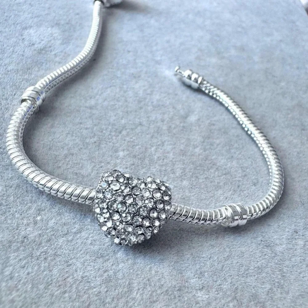 Crystal Heart Charm‎ Silver Tone fits PANDORA